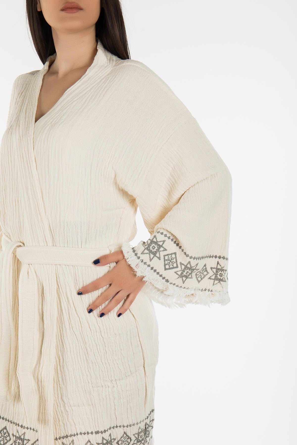 Melly - Beige Drawn Handmade Short Kimono