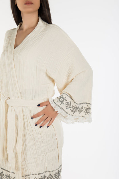 Melly - Beige Drawn Handmade Short Kimono