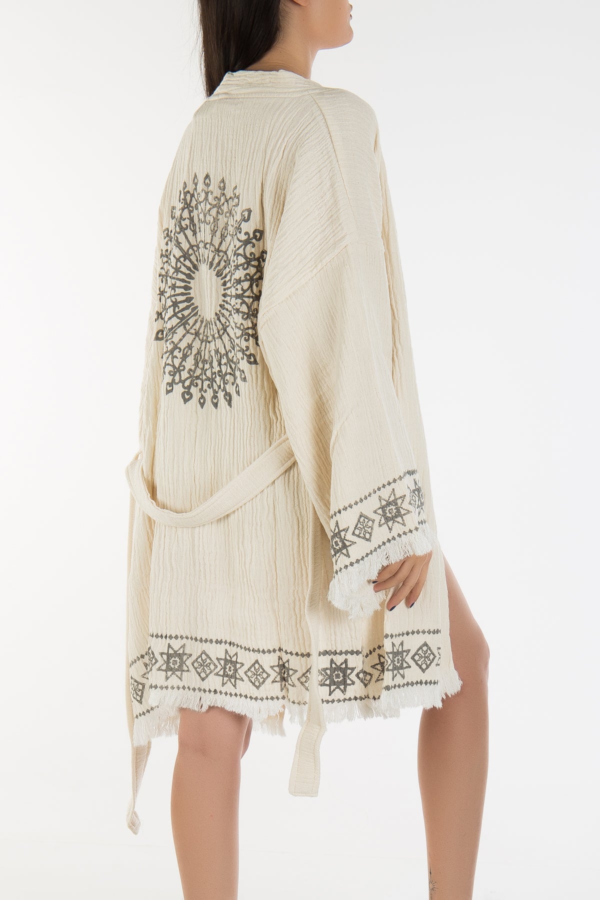 Melly - Beige Drawn Handmade Short Kimono