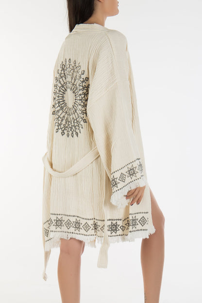 Melly - Beige Drawn Handmade Short Kimono