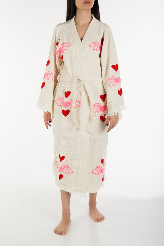 Valentine - Natural Flying Red Hearts Handmade Kimono