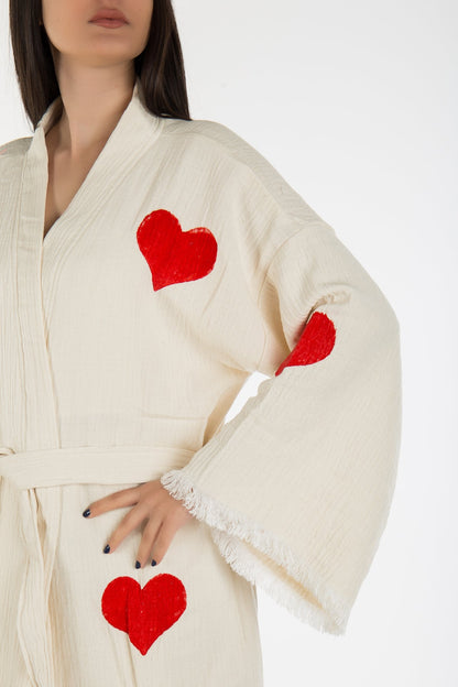 Linda - Natural Red Hearts Handmade Kimono
