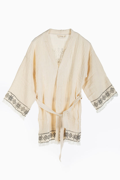 Melly - Beige Drawn Handmade Short Kimono