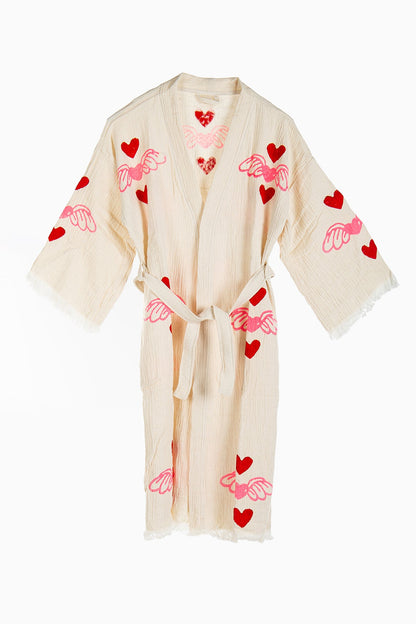 Valentine - Natural Flying Red Hearts Handmade Kimono