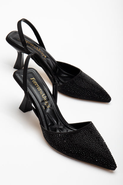 Rae - Black Rhinestone Slingback Kitten Heels