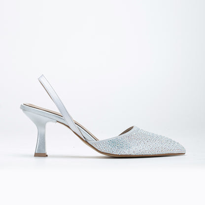 Rae - Silver Rhinestone Slingback Kitten Heels