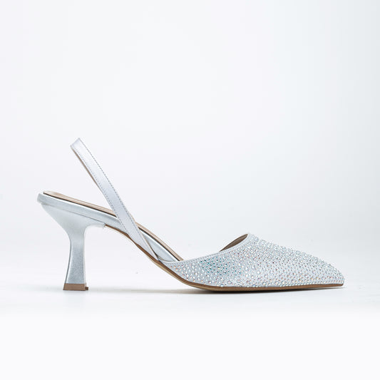 Rae - Silver Rhinestone Slingback Kitten Heels