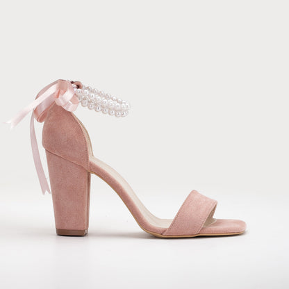 Melissa - Dusty Pink Suede Sandals with Pearls