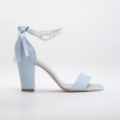 Melissa - Blue Suede Sandals with Pearls