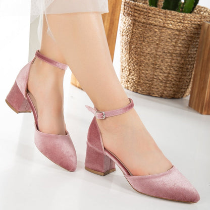 Marcelle - Rose Velvet Low Heels with Pearls