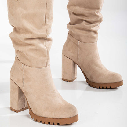 Anais - Beige Suede Slouch Platform Boots