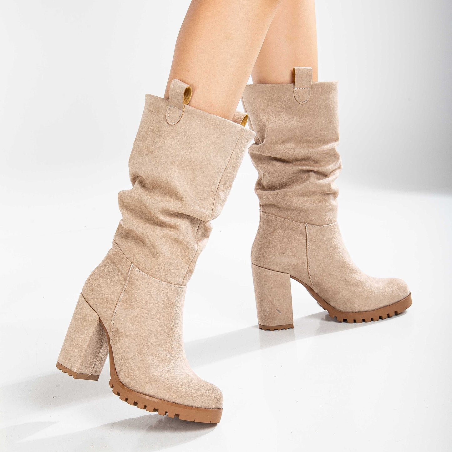 Anais - Beige Suede Slouch Platform Boots
