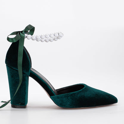 Agnes - Emerald Green Velvet Pearl Heels