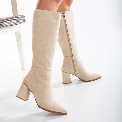 Vegan knee-high boots, beige knee-high boots, sustainable knee-high boots, women's vegan boots, cruelty-free knee-high boots, eco-friendly knee-high boots, vegan leather boots, stylish vegan boots, beige vegan boots, knee-high boots for women.