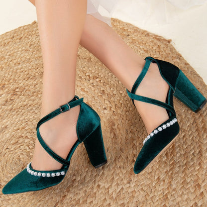 Sina - Green Velvet Pearl Heels
