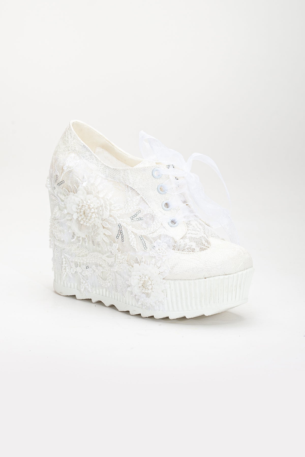 Sheri - Ivory Lace High Heel Wedding Sneakers