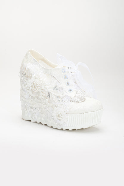 Sheri - Ivory Lace High Heel Wedding Sneakers