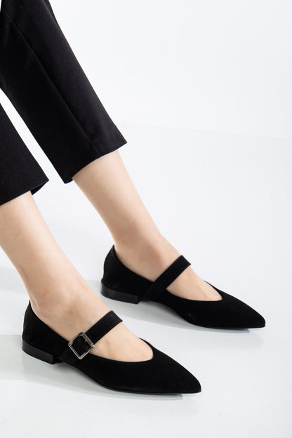 Willow - Black Suede Leather Mary Jane Flats (Women)