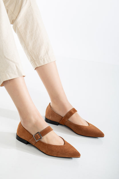 Willow - Cognac Brown Suede Leather Mary Jane Flats (Women)