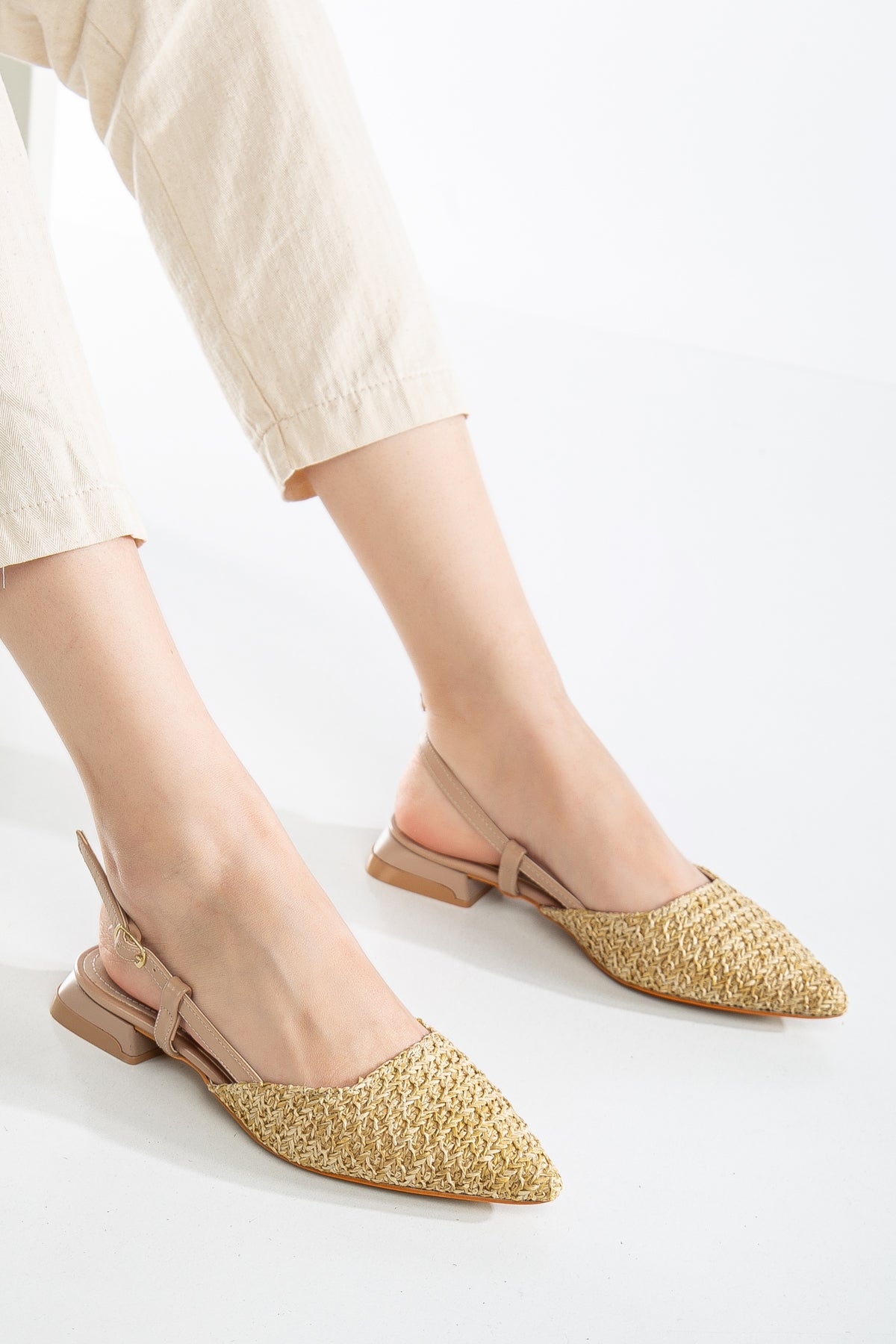 Riley - Beige Woven Slingback Flats