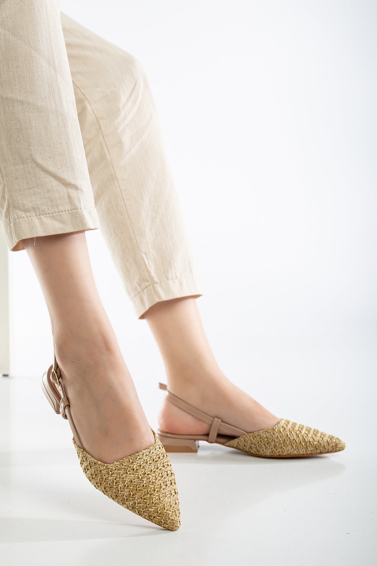 Riley - Beige Woven Slingback Flats