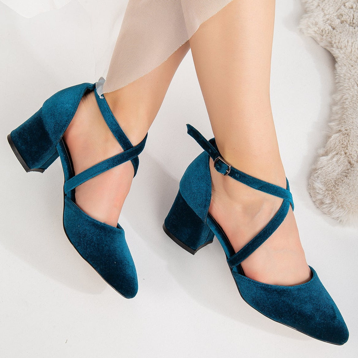 Dolly - Teal Blue Velvet Heels