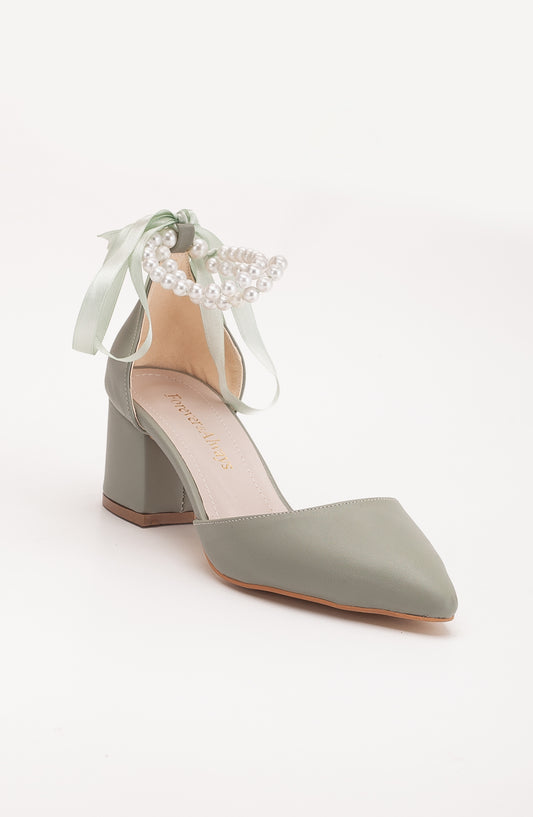 Miranda - Sage Green Pumps with Pearls