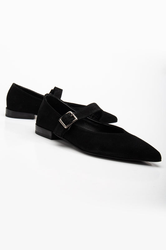 Willow - Black Suede Leather Mary Jane Flats (Women)