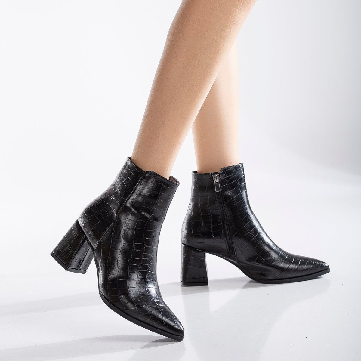 Lilith - Black Crocodile Ankle Boots