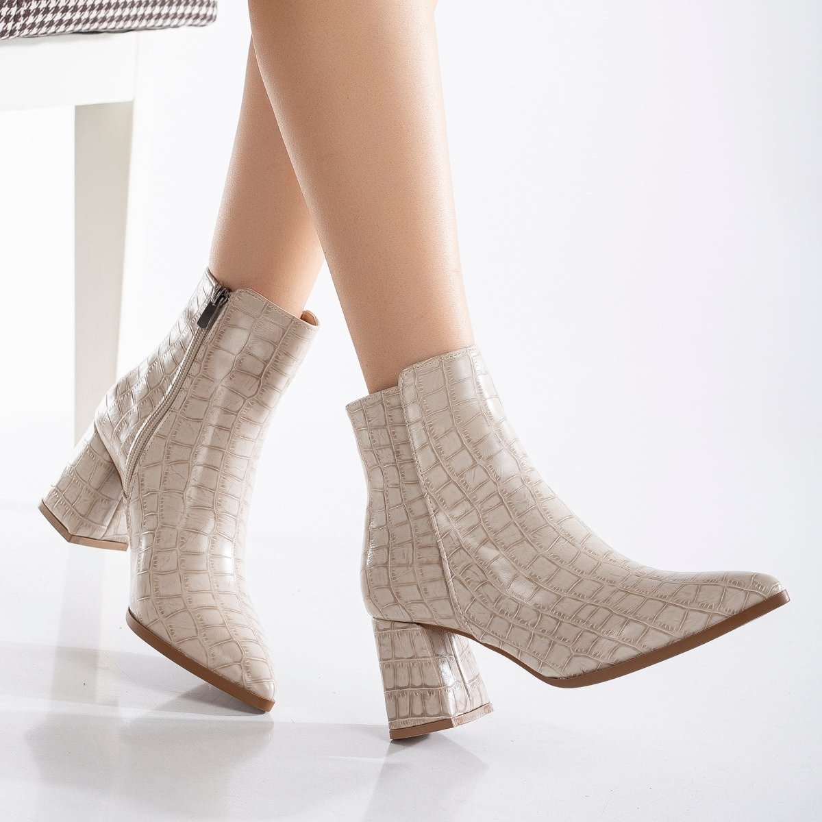 Lilith - Beige Crocodile Ankle Boots