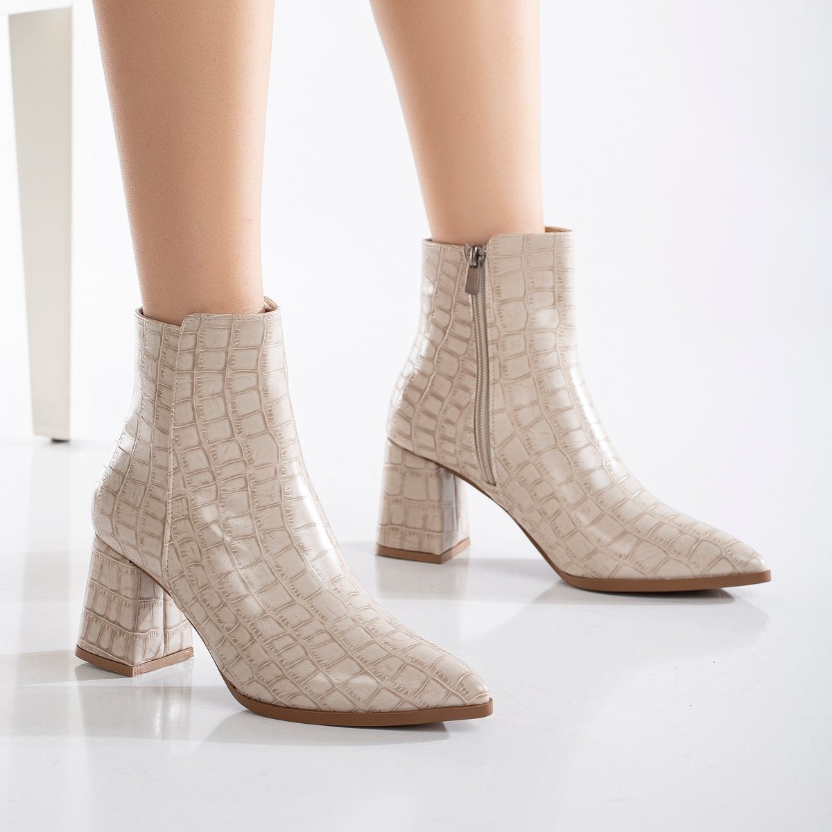 Lilith - Beige Crocodile Ankle Boots