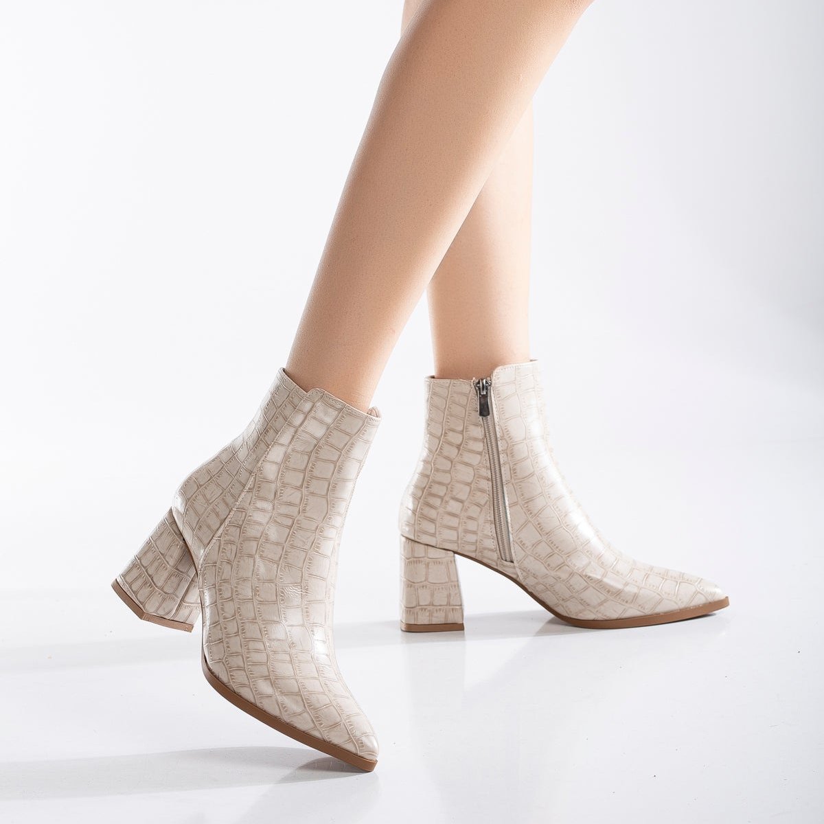 Lilith - Beige Crocodile Ankle Boots