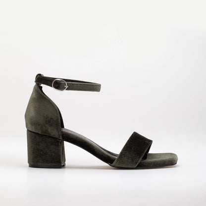 Iva - Olive Green Velvet Low Heel Sandals
