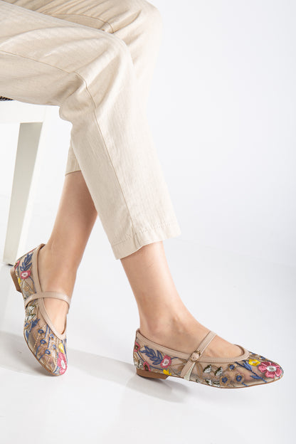 Fauna - Beige Mesh Mary Jane Flats