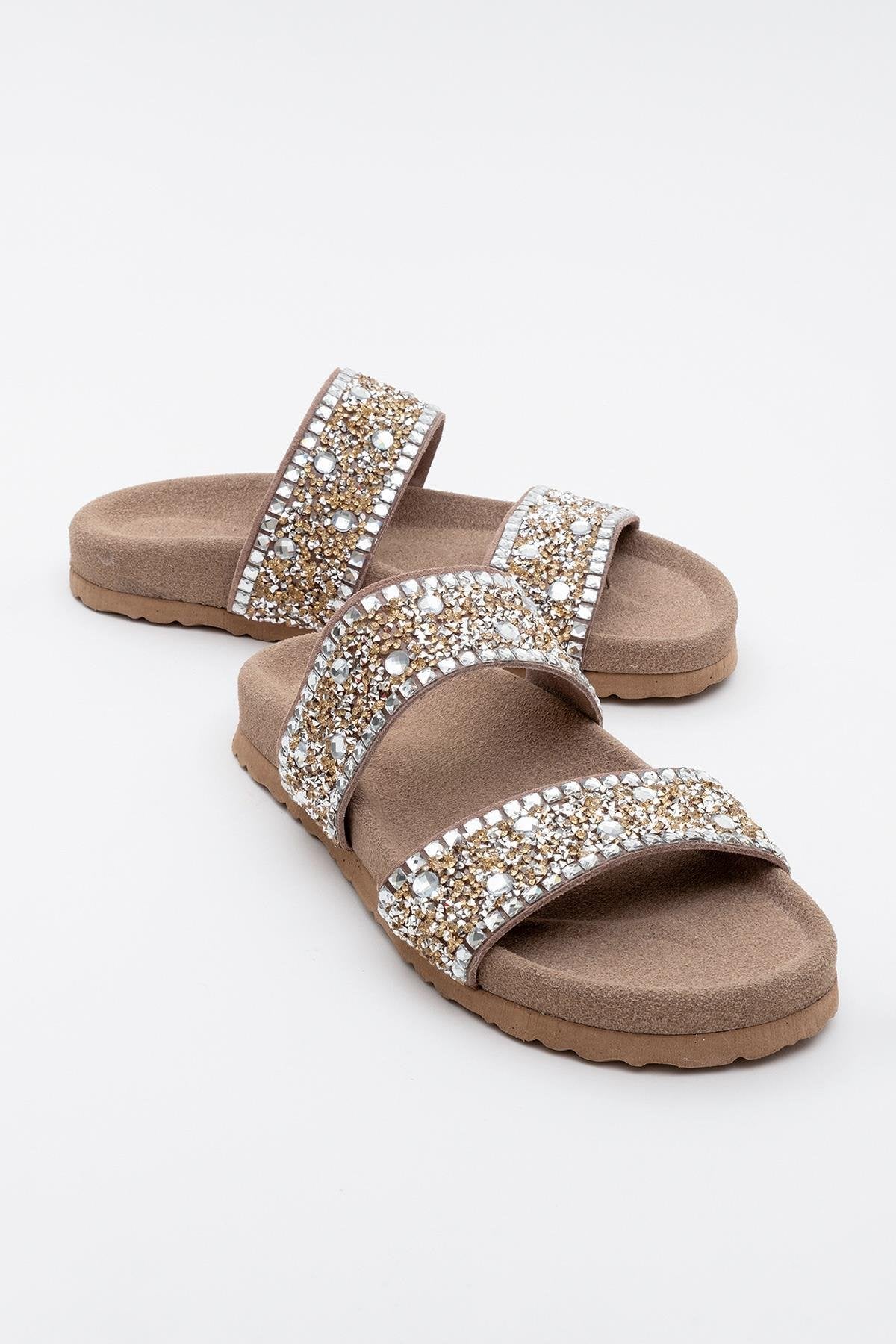 Jamie - beige Leather Double Strap Slide Sandal with Stones (Women)