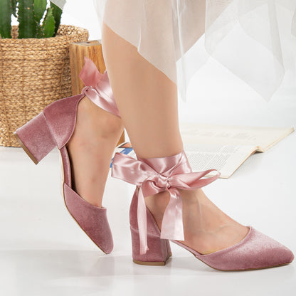 Fiona - Rose Velvet Low Heels with Ribbon