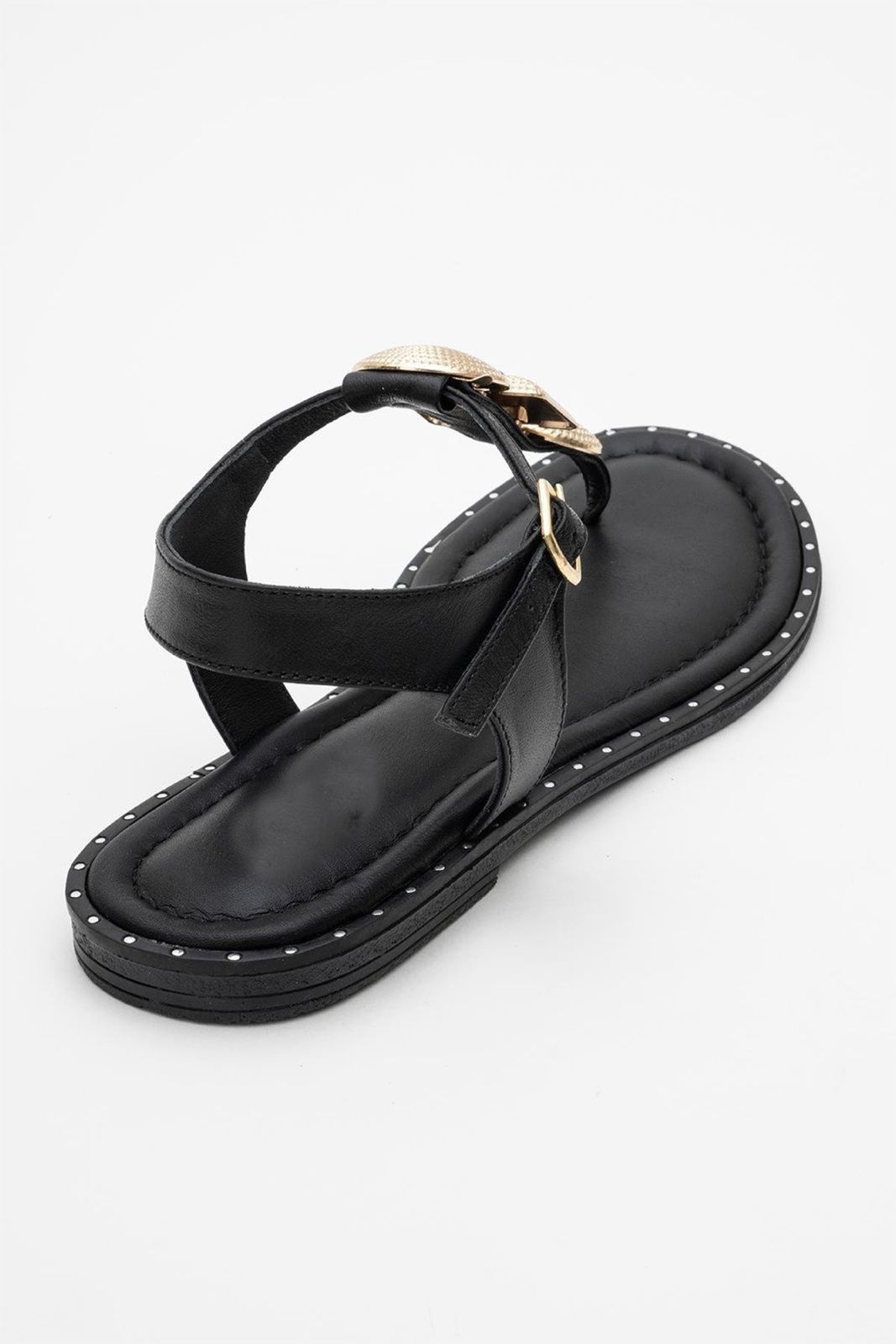 Giulia - Black Leather Flat Sandal (Women)