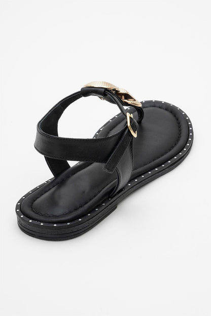 Giulia - Black Leather Flat Sandal (Women)