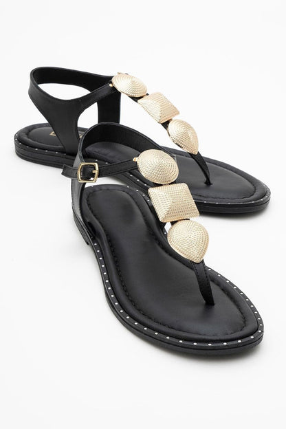 Giulia - Black Leather Flat Sandal (Women)