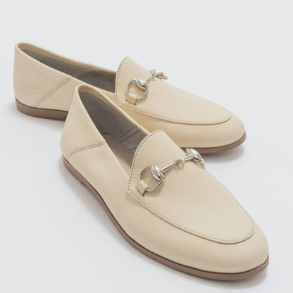 Penny - Beige Leather Horsebit Loafers