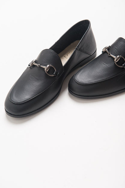 Penny - Black Leather Horsebit Loafers