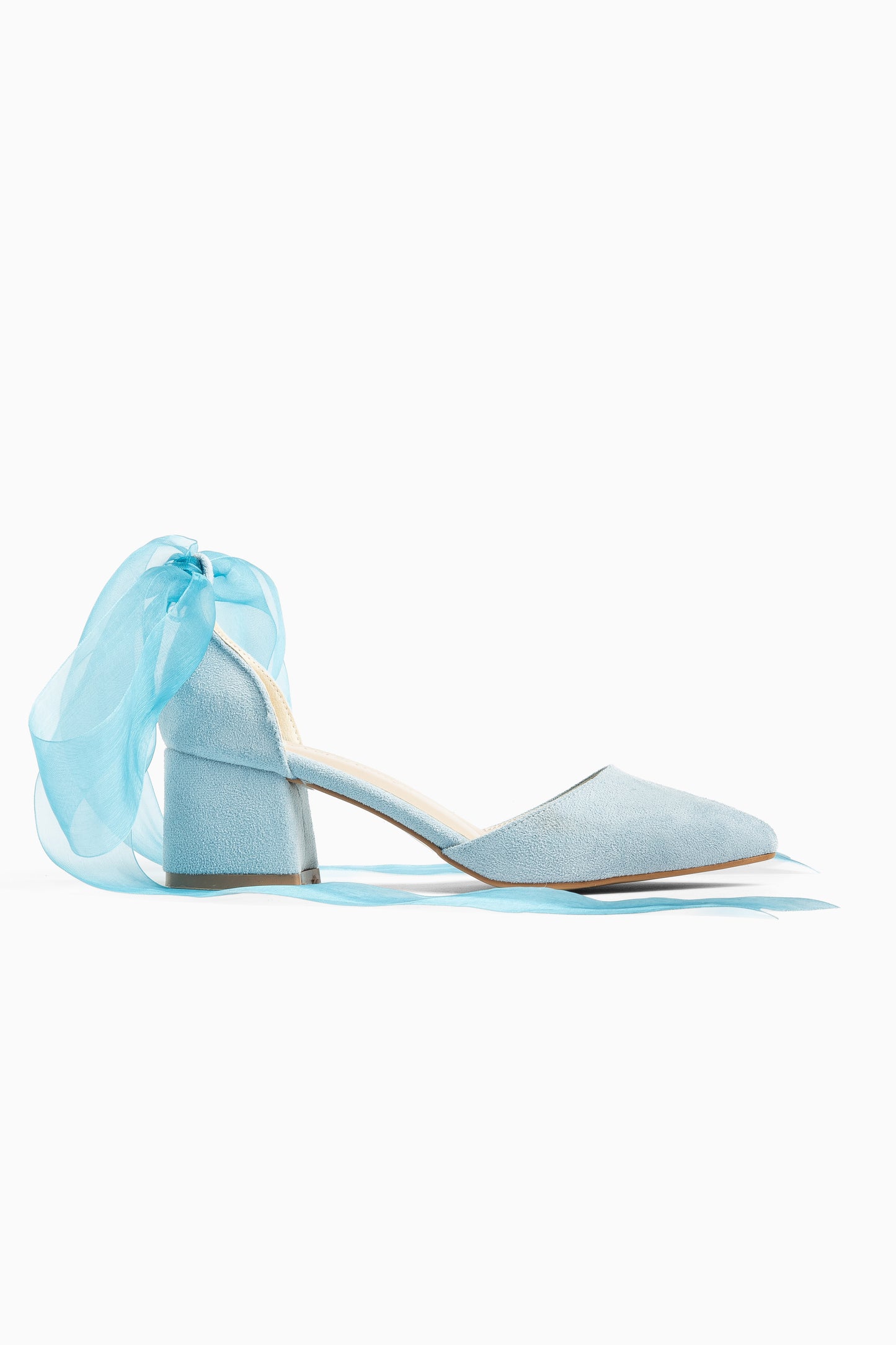 Fiona - Zapatos de tacón de ante azul con cinta de tul