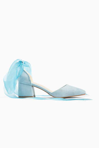 Fiona - Zapatos de tacón de ante azul con cinta de tul