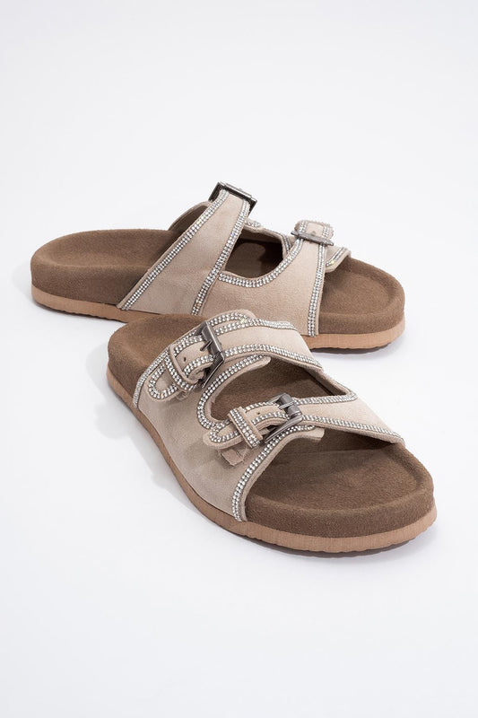 Allen - Beige Leather Rhinestone Slide Sandal (Women)