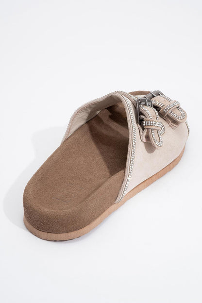 Allen - Beige Leather Rhinestone Slide Sandal (Women)