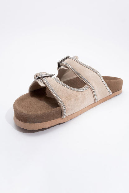 Allen - Beige Leather Rhinestone Slide Sandal (Women)