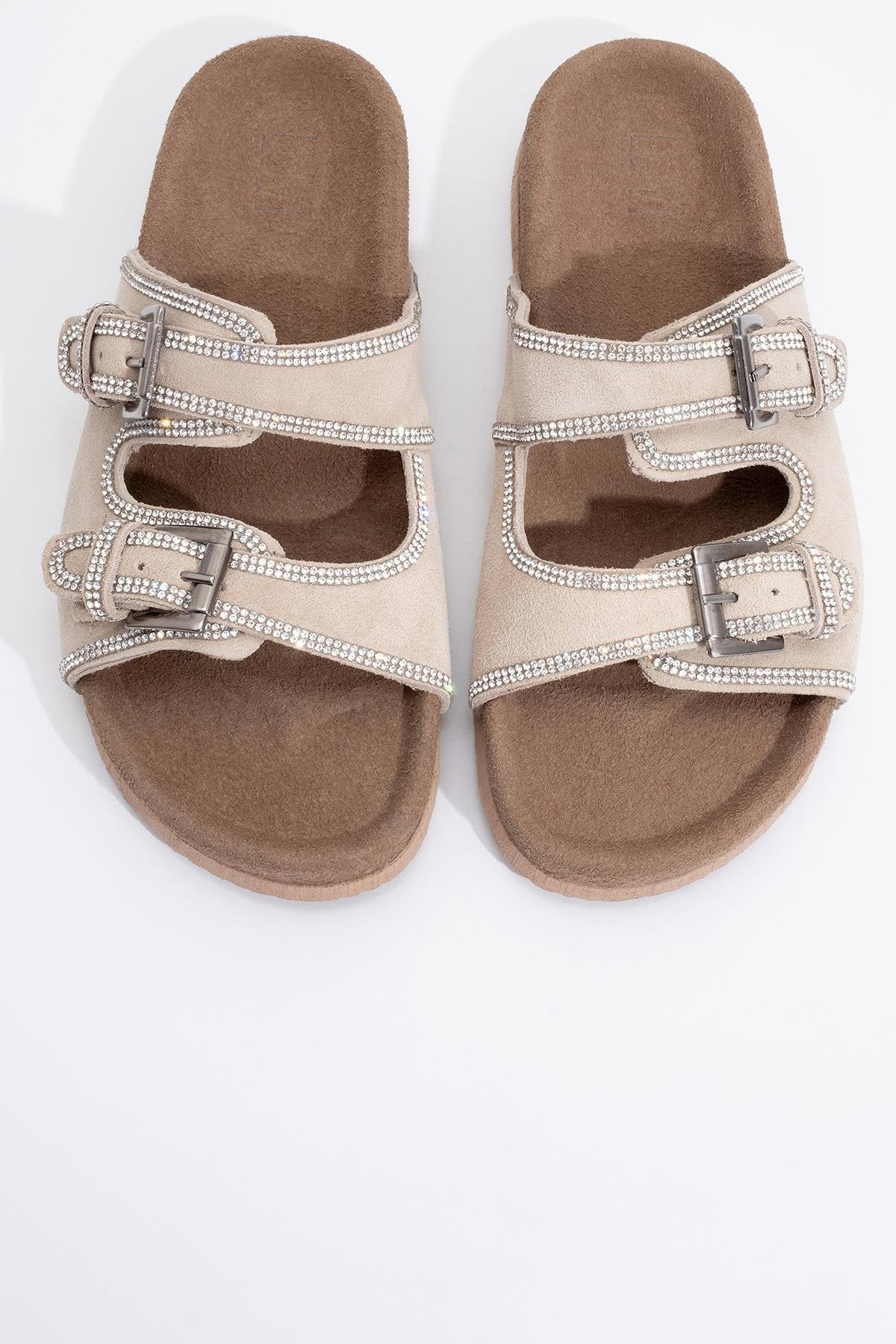 Allen - Beige Leather Rhinestone Slide Sandal (Women)