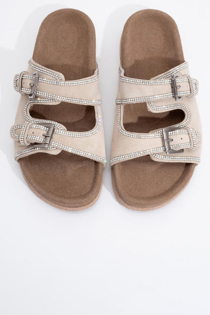 Allen - Beige Leather Rhinestone Slide Sandal (Women)
