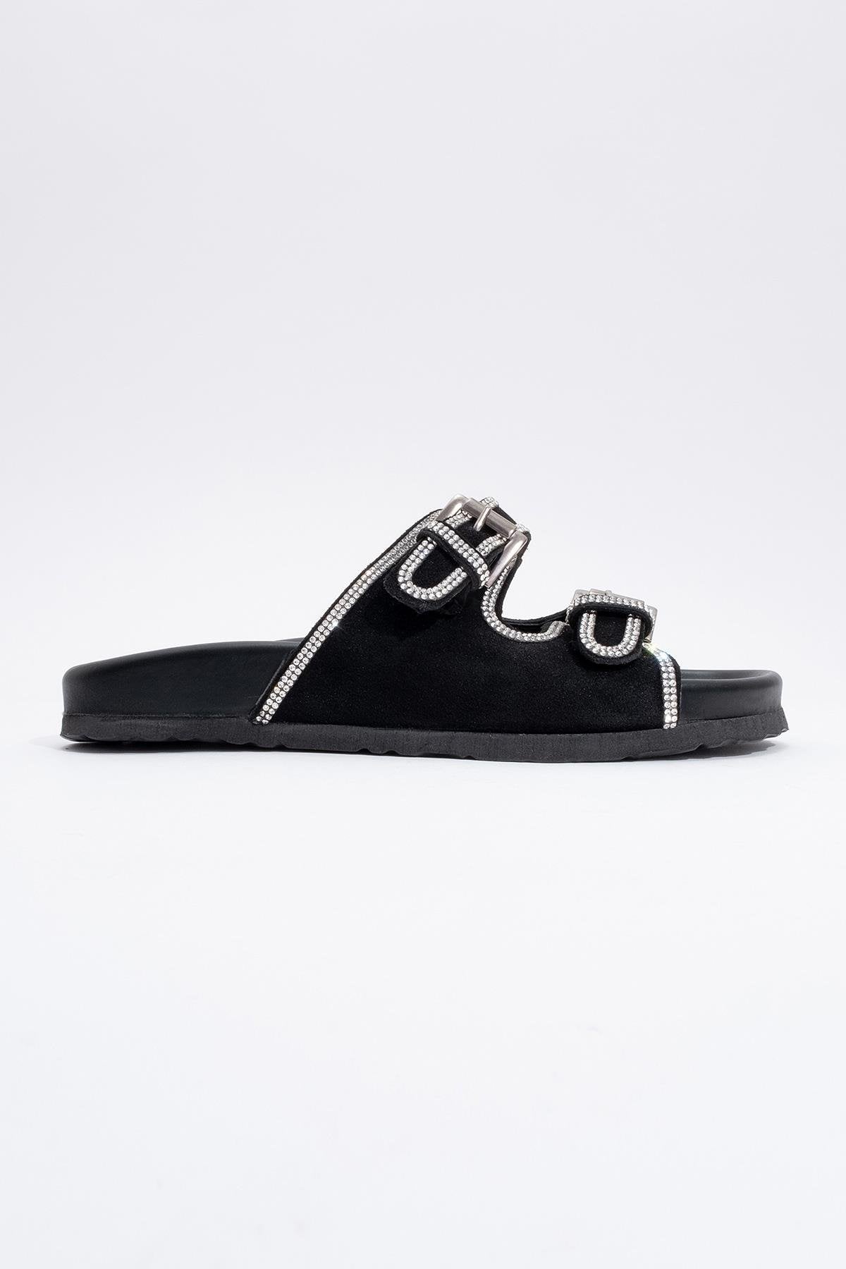 Allen - Black Leather Rhinestone Slide Sandal (Women)