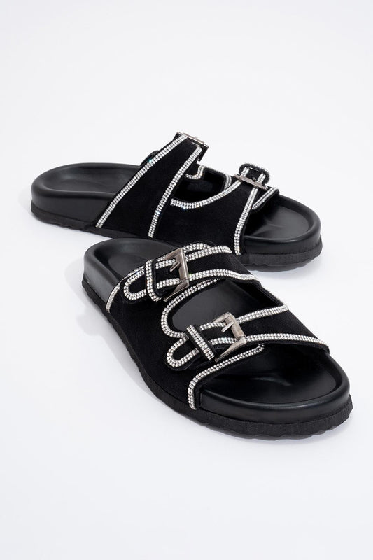 Allen - Black Leather Rhinestone Slide Sandal (Women)